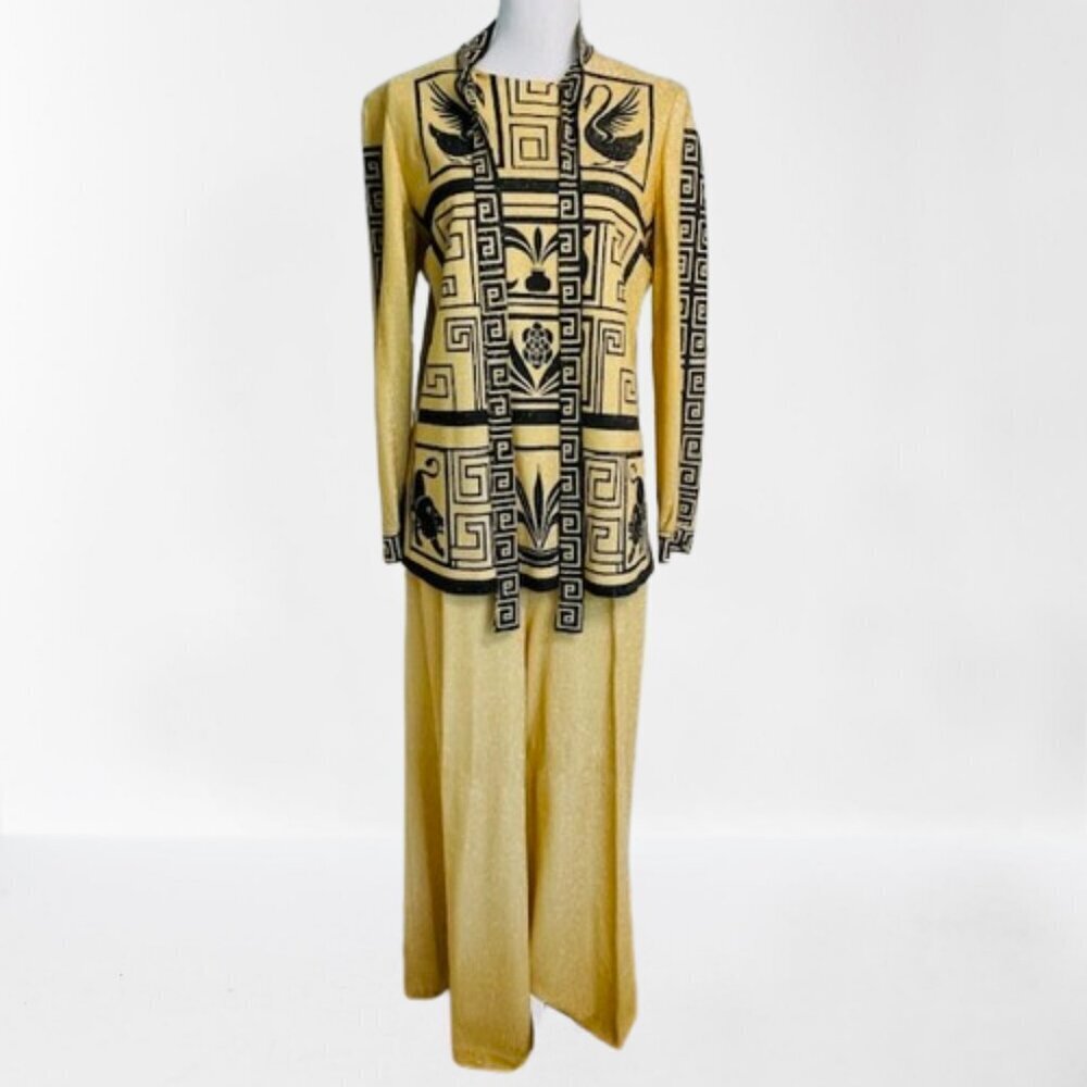60s 70s Gold Lurex Art Deco Metallic Top + Wide Leg Bellbottoms Palazzo Pants